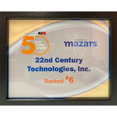 22nd Century Technologies Inc. has been selected for the 2020 50 Fastest Growing Companies in New Jersey!